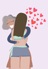 Abuela abrazada junto a su nieta, reencuentro, amor de familia, amor de abuela. Amor infinito, paciencia y abrazo muy fuerte. rodeadas de corazones. Ilustración vectorial, sombras y bellos colores