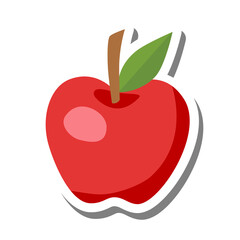 Cute red apple with leaves on white silhouette and gray shadow. Flat style for decorated and any design. Vector illustration about fruit.