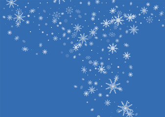 White delicate openwork snowflakes are scattered on a blue background. Festive background, postcard design, wallpaper