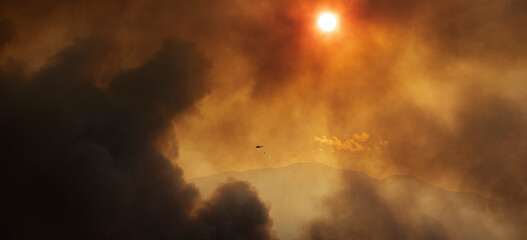 Super puma firefighting helicopter on duty at Sierra Bermeja, Spain. 9th of september, 2021