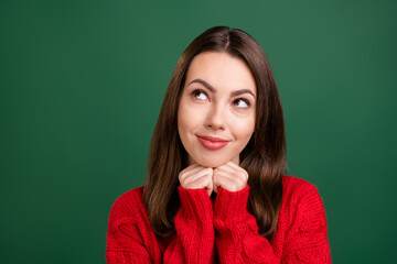 Photo portrait girl in red pullover pretty cute smiling happy looking copyspace isolated green color background