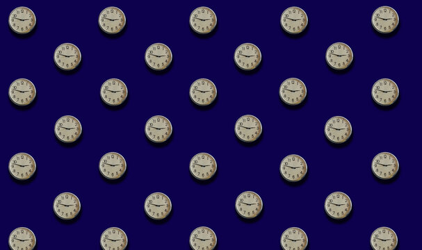 Top veiw, Collection set white wall clock isolated on blue  background for design or stock photo, clock telling time, advertising, product