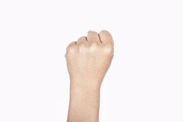 Obraz premium Woman hand on Isolated white background. Alpha. Fist. Clenched fist, Protest.
