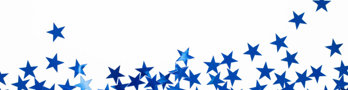 banner of Christmas border with blue star confetti. Holiday background for New Year on white