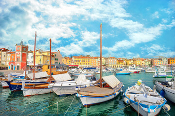 Marina and harbour of Rovinj town. Istria, Croatia