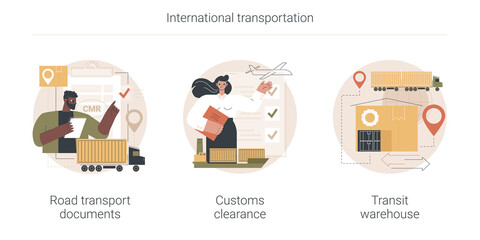 International transportation abstract concept vector illustration set. Road transport documents, customs clearance, transit warehouse, shipping terminal, import and export, CMR abstract metaphor. - obrazy, fototapety, plakaty