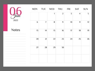 Monthly Calendar for June 2022 template planner minimalist. Colorful planner 2022 with calendar. Vector illustration. Blank white notebook page A4. Printable template. Week Starts on Monday