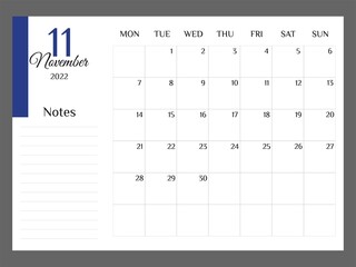 Monthly November for October 2022 template planner minimalist. Colorful planner 2022 with calendar. Vector illustration. Blank white notebook page A4. Printable template. Week Starts on Monday