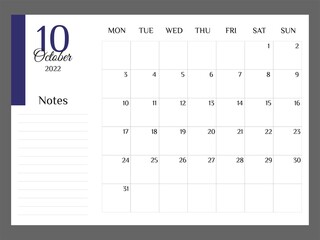 Monthly Calendar for October 2022 template planner minimalist. Colorful planner 2022 with calendar. Vector illustration. Blank white notebook page A4. Printable template. Week Starts on Monday