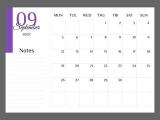 Monthly Calendar for September 2022 template planner minimalist. Colorful planner 2022 with calendar. Vector illustration. Blank white notebook page A4. Printable template. Week Starts on Monday