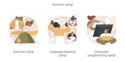 Summer camp abstract concept vector illustration set. Language learning camp, computer programming and cyber education, native English speaker, engineering and robotics software abstract metaphor.