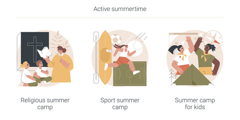 Active summertime abstract concept vector illustration set. Religious summer camp, sport summer camp, online virtual program, meet new friends, scout camping, socializing abstract metaphor.