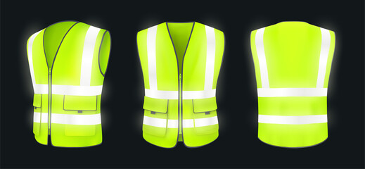 Safety vest front, back view and side at night. Yellow, light green jacket with reflective stripes. Safety vest for construction works, drivers and road workers with fluorescent protective. Realistic
