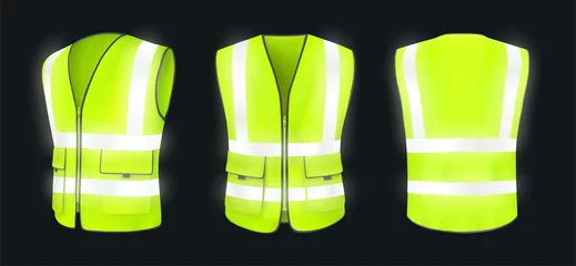 Foto op Canvas Safety vest front, back view and side at night. Yellow, light green jacket with reflective stripes. Safety vest for construction works, drivers and road workers with fluorescent protective. Realistic © Vladyslav