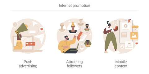 Internet promotion abstract concept vector illustration set. Push advertising, attracting followers, mobile content, follow social media page, digital marketing strategy, promotion abstract metaphor.