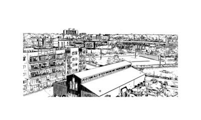 Building view with landmark of Lancing is the 
village in England. Hand drawn sketch illustration in vector.