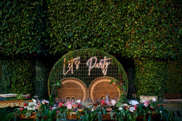 Garden with banquet chairs for wedding