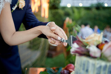 Crop newlyweds cutting wedding cake