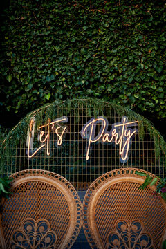 Garden with banquet chairs for wedding