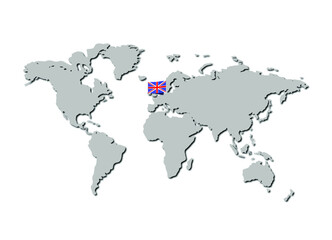 Vector World Map with UK Flag on It, Isolated on White Background Illustration, Country’s Territory. 