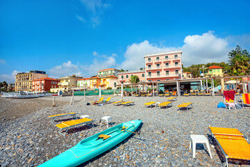 Beach in Bordighera on Italian Riviera. Italy, Liguria - obrazy, fototapety, plakaty
