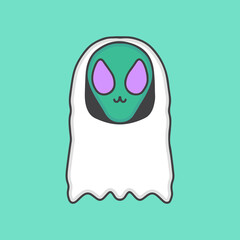 cute little alien wearing ghost costume cartoon, illustration for stickers and t shirt.