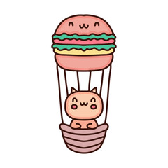 cute cat in burger hot air balloon cartoon, illustration for stickers and t shirt.