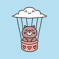 Cute sleeping bear in cloud hot balloon air cartoon, illustration for stickers and t shirt.