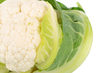 One organic cauliflower, close-up, isolated on white.