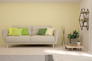 White living room with sofa. Scandinavian interior design. 3D illustration