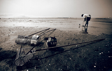 Mariscadora en una playa de Galicia - obrazy, fototapety, plakaty