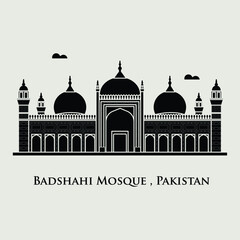 Silhouette flat icon vector illustration of a historic building mosque, Simple outline icon design cartoon landmark for praying vacation travel tourist attractions. Badshahi Mosque Pakistan.