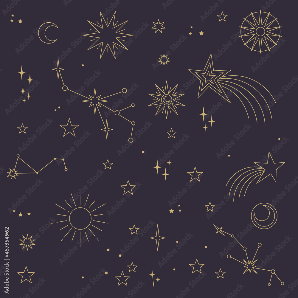 Canvas Prints stars, moons and constellations. linear design astrology elements. seamless pattern of celestial spa