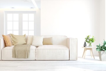 Soft color living room with sofa. Scandinavian interior design. 3D illustration