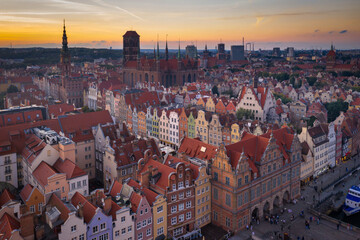 Beautiful architecture of the old town in Gdansk at sunset. Poland