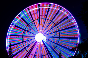 A blurry abstract Ferris wheel in an amusement park in the evening in the dark, a photo on a long...
