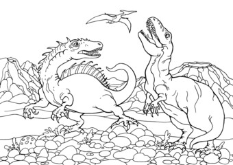 Dinosaur fight.
Children's coloring. Prehistoric landscape. Beautiful picture for coloring. Jurassic Park. children's rest. Coloring book