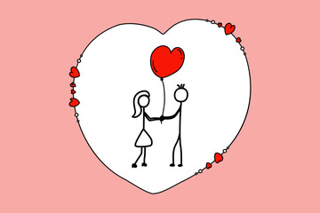 Fototapeta na wymiar Boy gives a heart-shaped balloon to a girlfriend. Hand drawn cartoon. Valentine's Day