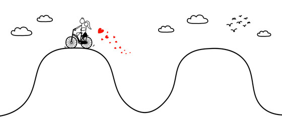 Doodle love couple riding bicycle in the mountains. Hand drawn cartoon. Valentine's Day