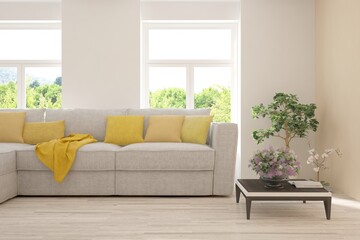 White living room with sofa and summer landscape in window. Scandinavian interior design. 3D illustration