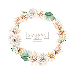 Set watercolor wreath frame of savanna gold flowers collection garden red, burgundy flower, leaves, branches, Botanic illustration isolated on white background