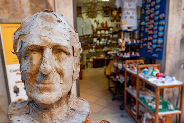 LECCE. ITALY. SUMMER 2021. Typical shop of papier-mâché craftsmen