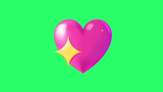 Animation pink heart shape isolae on green background.