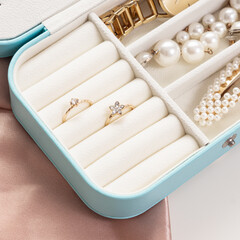 Open blue jewelry box with accessories on gray background. Storage system for women's jewelry....