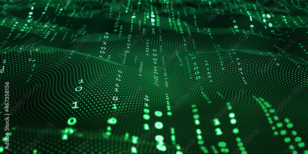 Fototapete Waves of computer code. Binary code big data. Internet technologies of the future, the flow of open data. Wireless transmission of information. Sorting binary code 3d illustration