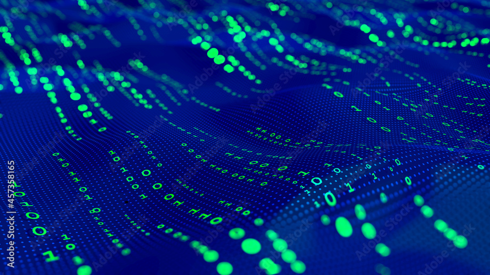 Leinwandbilder Waves of computer code. Binary code big data. Internet technologies of the future, the flow of open data. Wireless transmission of information. Sorting binary code 3d illustration
