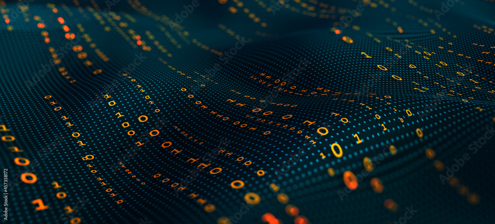 Leinwandbilder Big data technology digital field. Binary code futuristic information technology. Encrypted data stream. Information transfer and cloud protection, high-speed internet. Wave coding 3D illustration