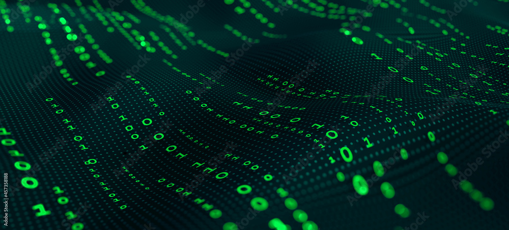 Leinwandbilder Terabytes of binary code data flying in a stream of information. Wavy field of coded blockchains. Neural network, points and numbers 3D illustration