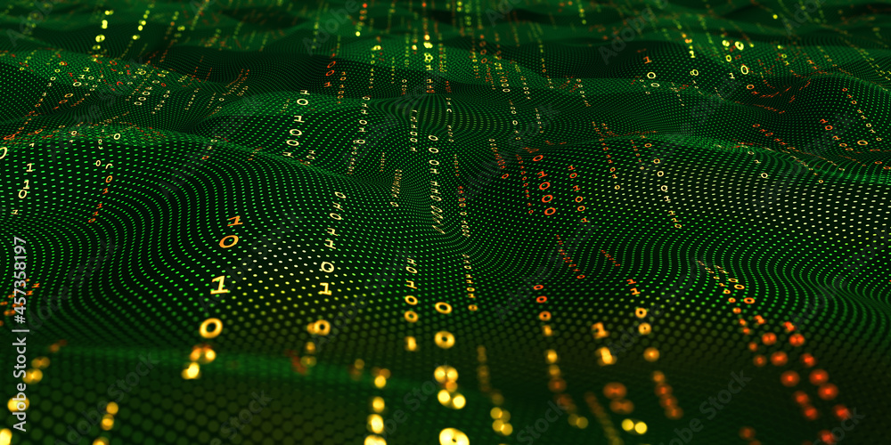 Poster Terabytes of binary code data flying in a stream of information. Wavy field of coded blockchains. Neural network, points and numbers 3D illustration