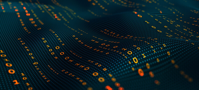 Big data technology digital field. Binary code futuristic information technology. Encrypted data stream. Information transfer and cloud protection, high-speed internet. Wave coding 3D illustration